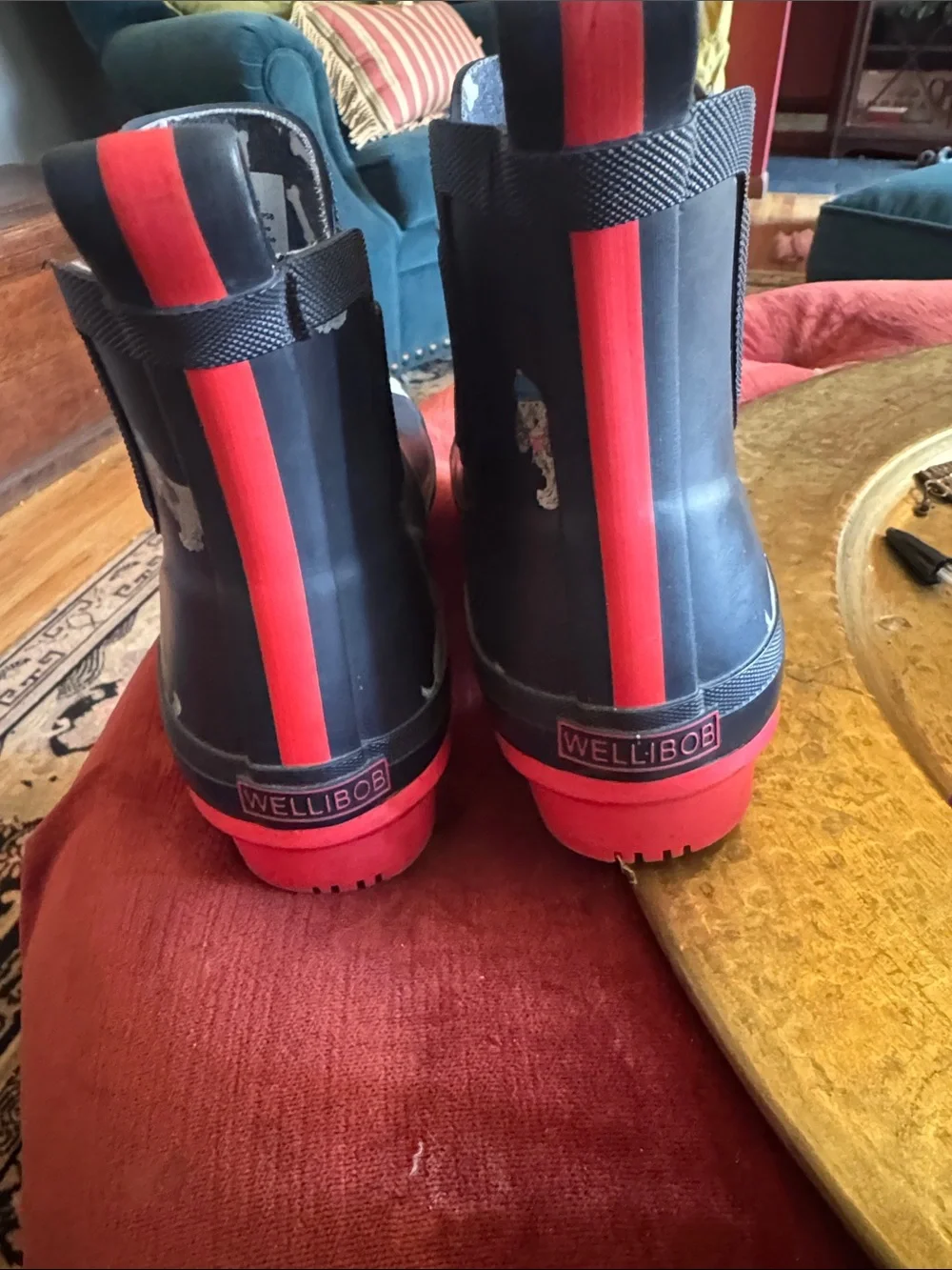 Joules Navy Rain Boots with Red Soles and Dog Print